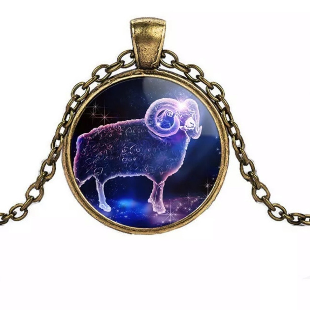 Aries Ram Bronze Zodiac Astrology Sign Pendant Boho Cabochon Necklace -New